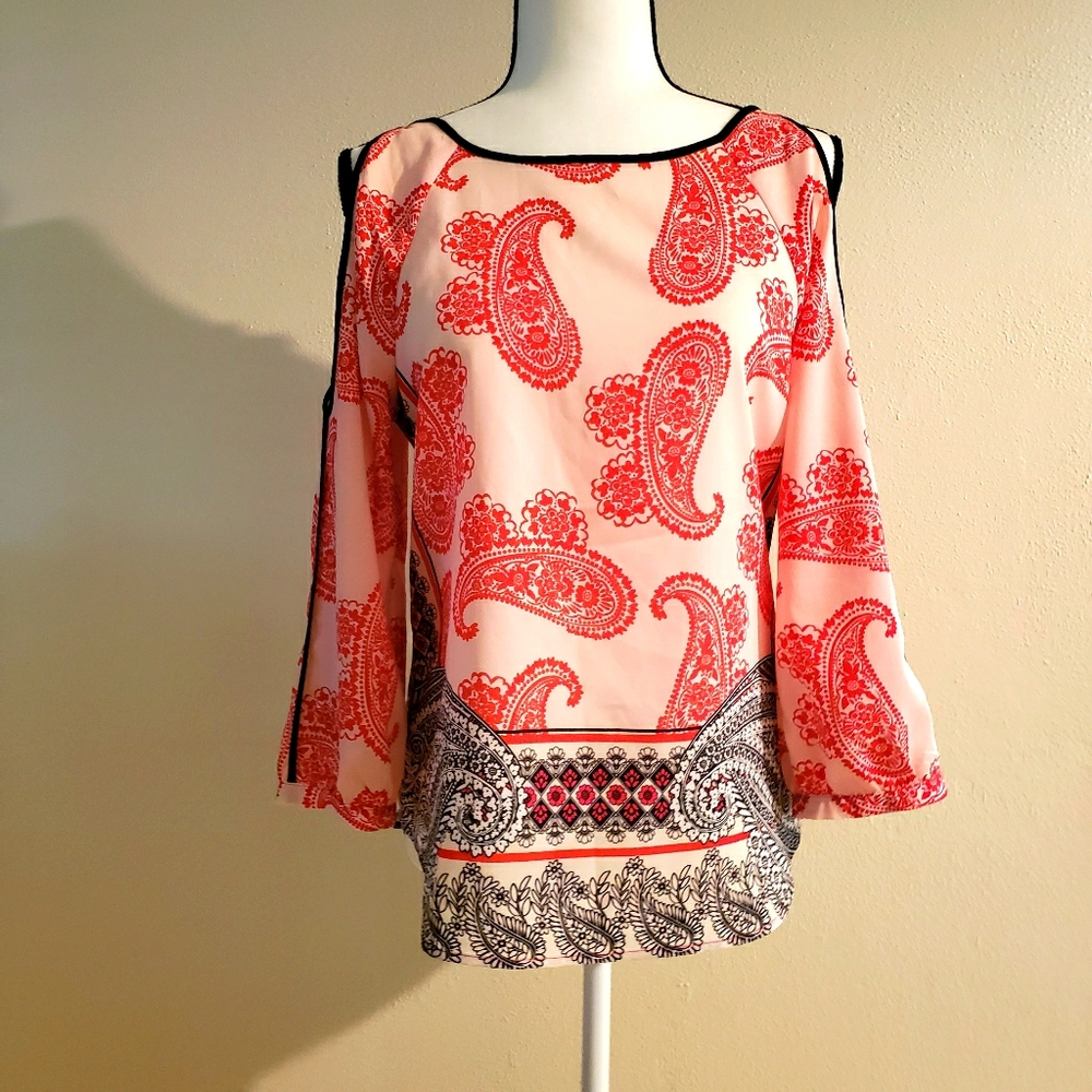 New York & Co Red/Blk Printed Blouse XS